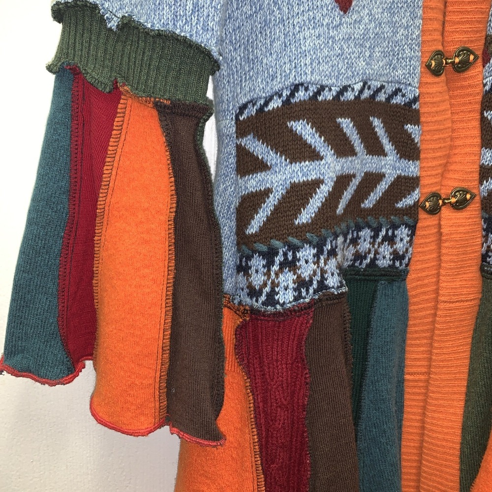 Upcycled Fairy Elf Gypsy Hood Sweater Jacket Coat Colorful patchwork boho Small? - Picture 3 of 14